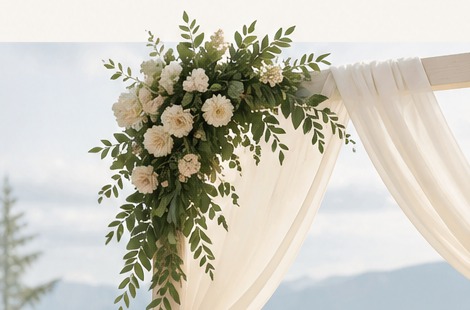 Wedding arch with greenery, white roses, and a draped cloth, mountains in the distance